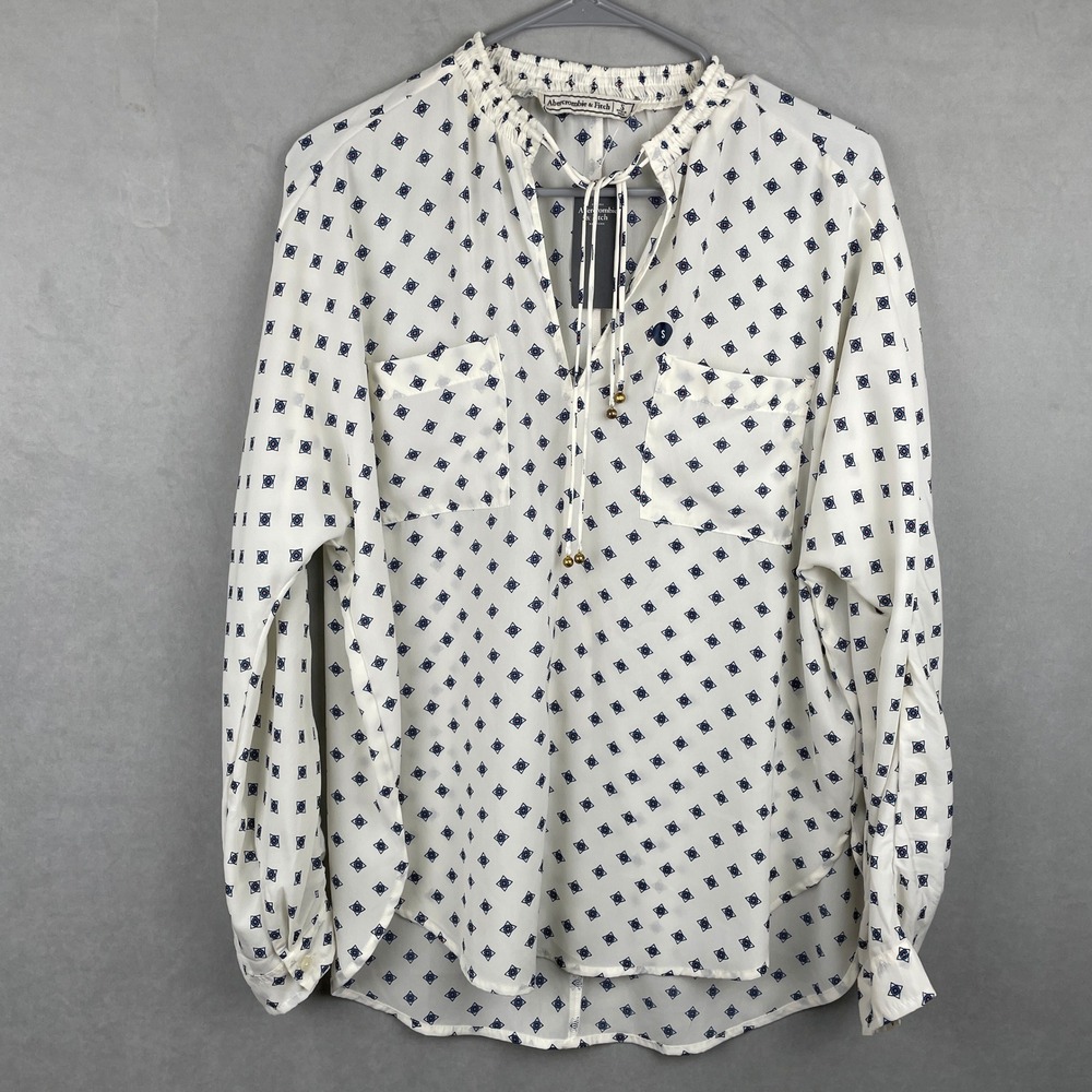 Abercrombie & Fitch White Geometric Print Tie Neck Roll Tab Peasant Blouse S NEW